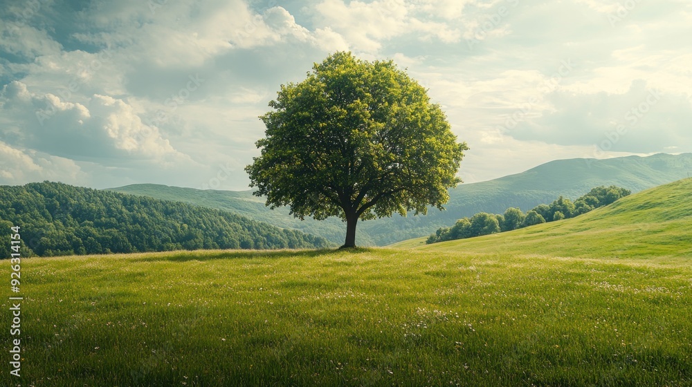 Fototapeta premium Solitary Tree on a Rolling Green Hill Against a Cloudy Sky