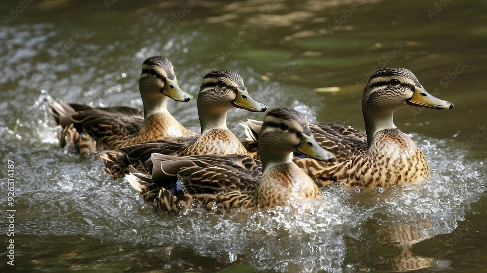 Serene Scene of Ducks gracefully Swimming in a Reflective Pond Serene Scene of Ducks gracefully Swimming in a Reflective Pond