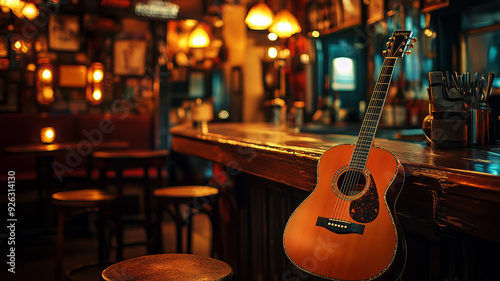 A polished wooden bar in a dimly-lit pub with an acoustic guitar leaning on it, surrounded by warm, ambient lighting and a cozy atmosphere. Ai generated