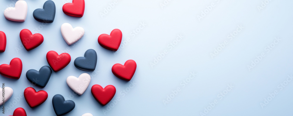 Colorful heart shapes scattered on a soft blue background, perfect for expressing love and affection in various designs. Colorful heart shapes scattered on a soft blue background, perfect for expressing love and affection in various designs.