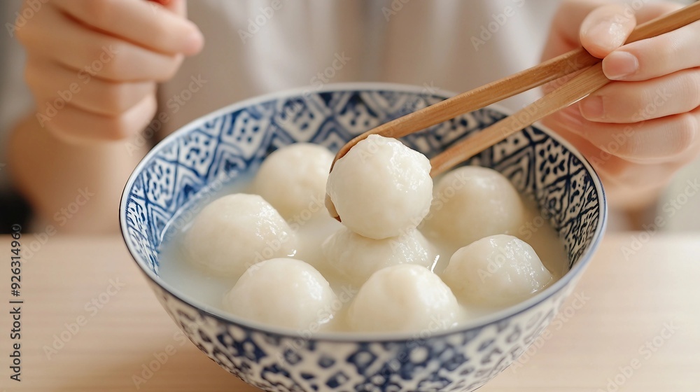 Delicious Homemade Red and White Tangyuan Glutinous Rice Dumplings in Savory Soup Bowl on White Table Background Delicious Homemade Red and White Tangyuan Glutinous Rice Dumplings in Savory Soup Bowl on White Table Background