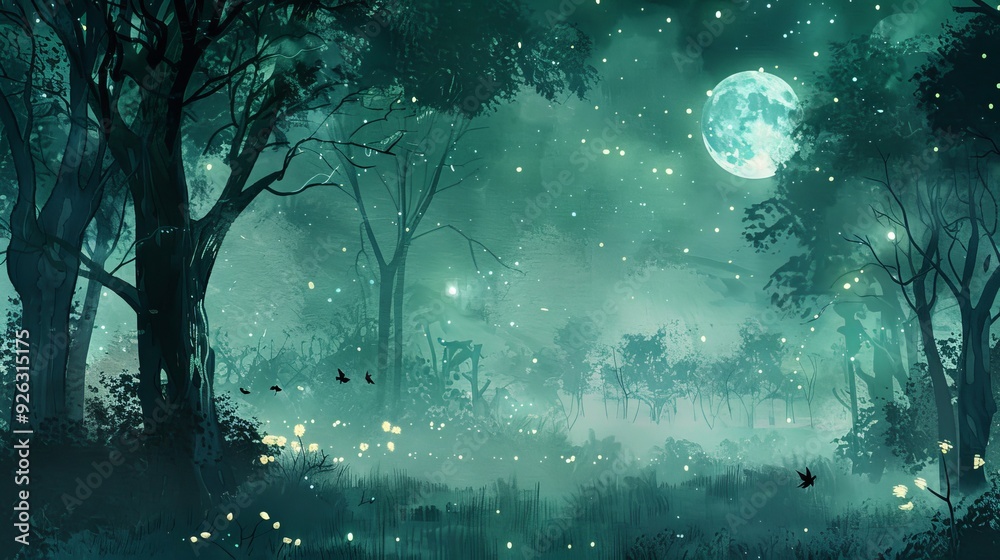 Enchanted Forest Clearing at Night with Fireflies and Glowing Moon.