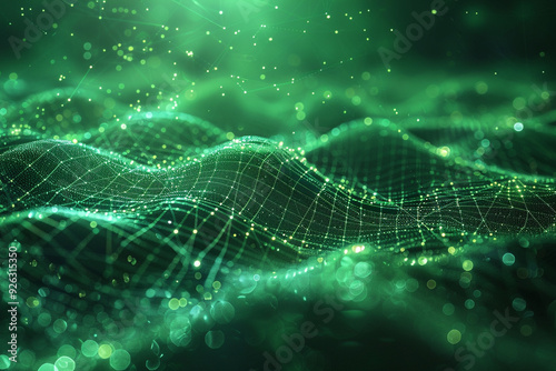 A vibrant green digital backdrop showcases intricate web of data connections, with particles swirling in a digital cyberspace, symbolizing seamless access and analysis of digital data in a dynamic 3D photo