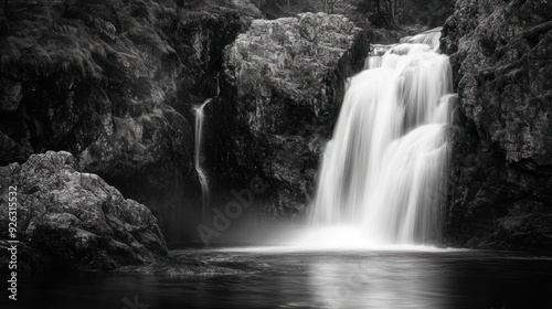 Water cascading down rocky cliffs, forming a serene waterfall in a lush forest