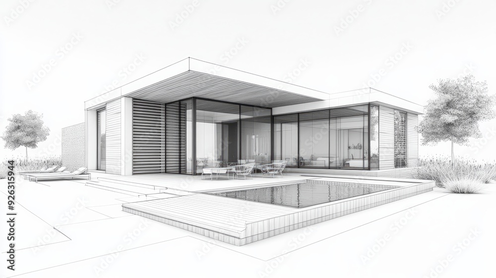 3D rendering of a modern cozy house with parking and a pool for sale or rent featuring a wood plank facade Black line sketch with soft light shadows on a white background 3D rendering of a modern cozy house with parking and a pool for sale or rent featuring a wood plank facade Black line sketch with soft light shadows on a white background