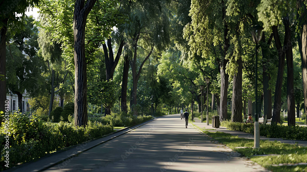 Person Walking Down a Tree-Lined Avenue in the Park