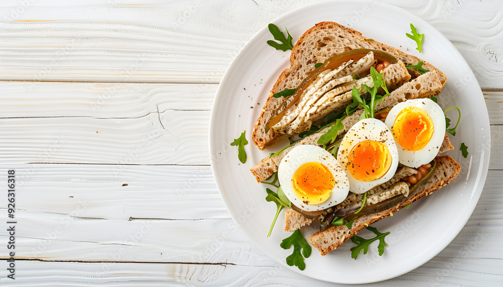 Sandwich with sprats and egg on wooden table