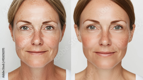 Mature woman before after skin treatment reduced fine lines sagging skin anti-aging results older dermal clinic spa cosmetic skincare peptides retinol collagen filler LED IPL laser menopause aging ad photo