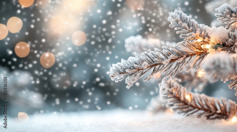 A close-up of snow-dusted pine tree branches adorned with festive lights, capturing the serene beauty of a winter scene with gently falling snow and warm lighting in the background. A close-up of snow-dusted pine tree branches adorned with festive lights, capturing the serene beauty of a winter scene with gently falling snow and warm lighting in the background.