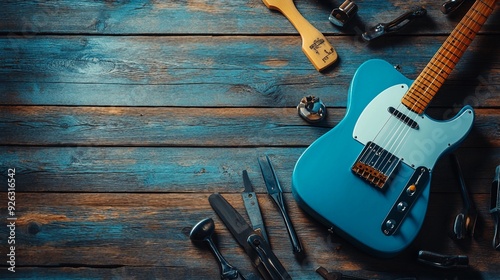 Guitar Maintenance and Restringing: Electric Guitar Body with New Strings and Tools on Wooden Table photo