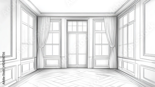 A sketch of a modernclassic empty room without furniture featuring a blank wall between a classical door and window without curtains with a parquet floor Front view