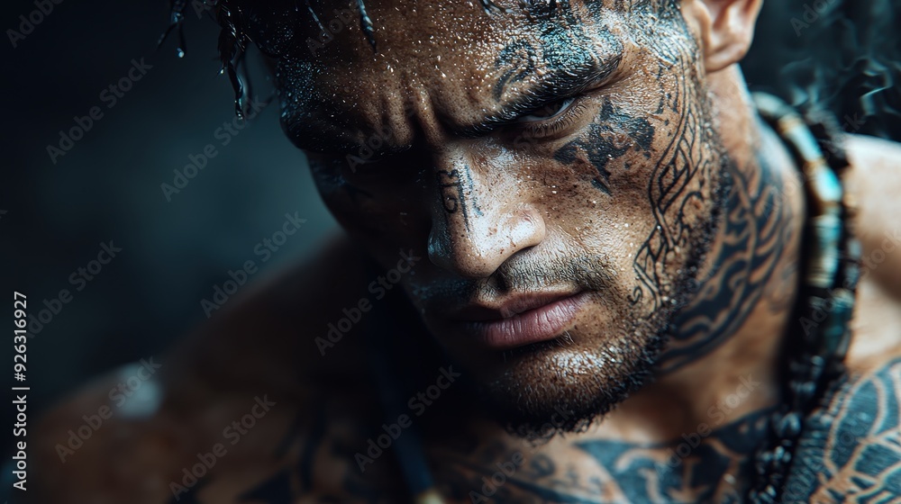A close-up of a tattooed man wearing beads and a necklace, captured in a misty setting, creating a strong and enigmatic visual impact. A close-up of a tattooed man wearing beads and a necklace, captured in a misty setting, creating a strong and enigmatic visual impact.