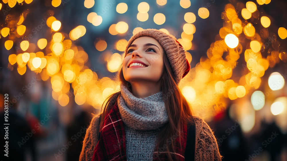 A woman with a joyful expression walking down a city street draped in festive lights, surrounded by the lively hustle and bustle of the evening. Ai generated A woman with a joyful expression walking down a city street draped in festive lights, surrounded by the lively hustle and bustle of the evening. Ai generated