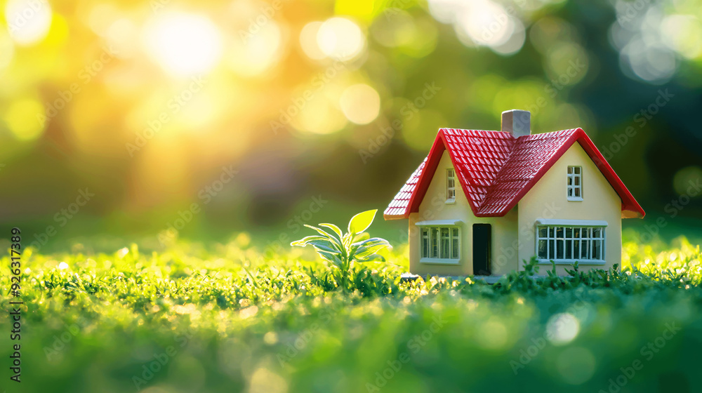 wooden house model on the grass in garden, Generative AI. wooden house model on the grass in garden, Generative AI.