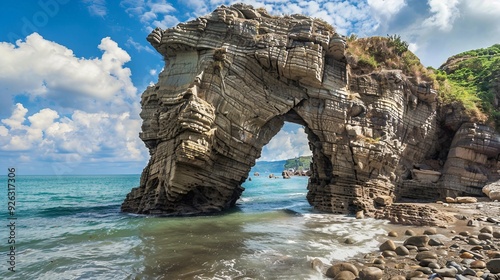 Majestic Elephant Trunk Rock Formation Along the Ocean Coast in Shenao, Keelung, New Taipei, Taiwan photo