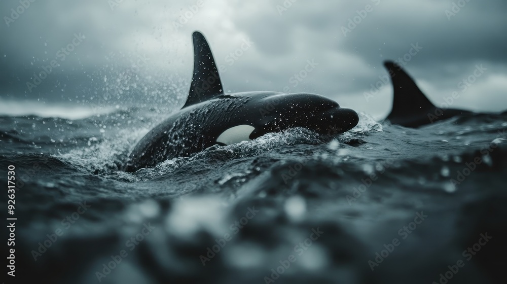 Fototapeta premium A powerful depiction of an orca breaking the surface of a stormy sea, with dramatic, dark clouds looming overhead, creating an intense and captivating marine scene.