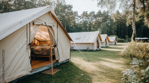 Comfortable, spacious tents equipped with beds, set up in a forested camping area, ideal for a cozy and unique glamping experience in the heart of nature. photo