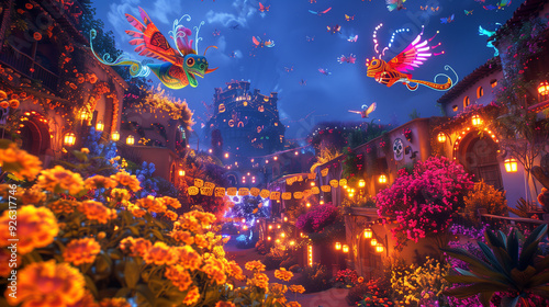 Alebrijes Flying Over the Land of the Dead: A scene with colorful alebrijes soaring above a vibrant Land of the Dead, filled with glowing flowers and illuminated buildings. With co