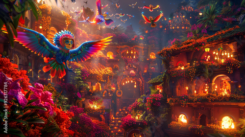Alebrijes Flying Over the Land of the Dead: A scene with colorful alebrijes soaring above a vibrant Land of the Dead, filled with glowing flowers and illuminated buildings. With co