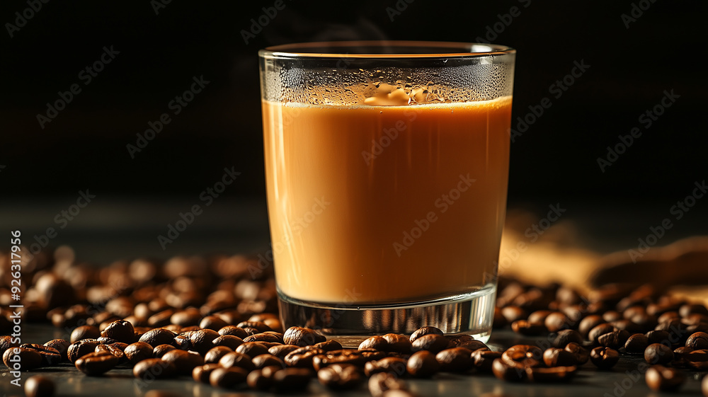 Cold coffee in a tall glass with a straw, coffee beans on the table, dark background highlighting the freshness. Ai generated Cold coffee in a tall glass with a straw, coffee beans on the table, dark background highlighting the freshness. Ai generated