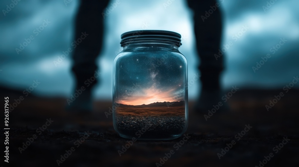 A magical scene of a serene sunset landscape, including a starry sky and mountains, beautifully encapsulated within a glass jar, with a blurred silhouette backdrop. A magical scene of a serene sunset landscape, including a starry sky and mountains, beautifully encapsulated within a glass jar, with a blurred silhouette backdrop.