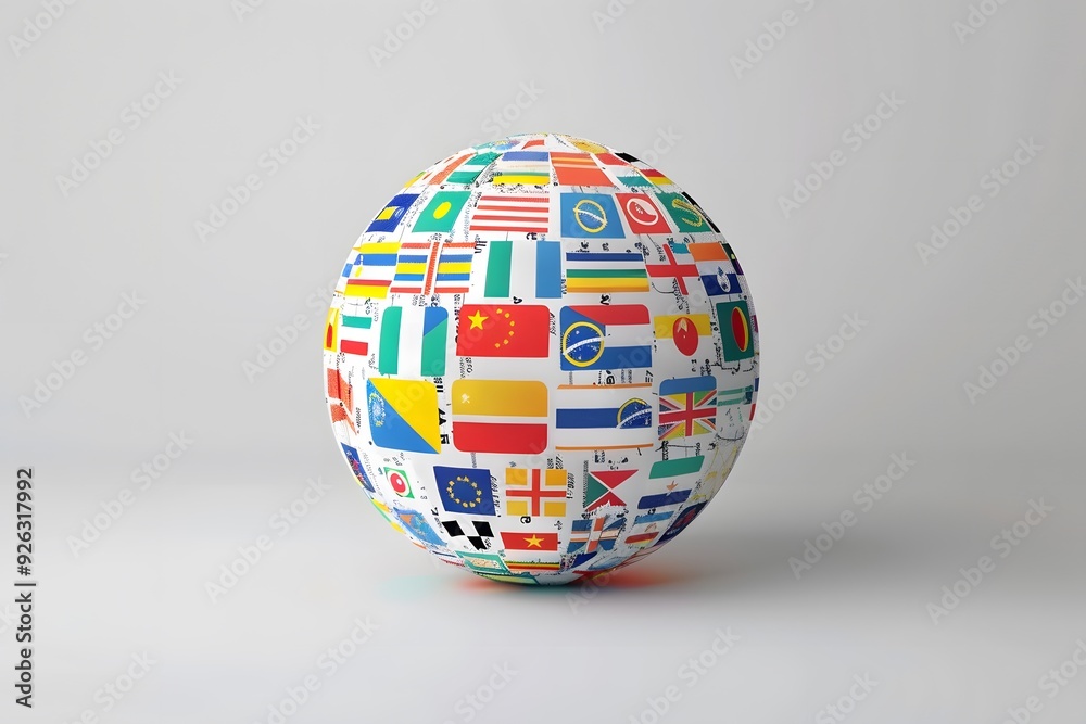 A high-definition flat lay of a gigantic globe with multiple country flags and speech bubbles containing country and language symbols.