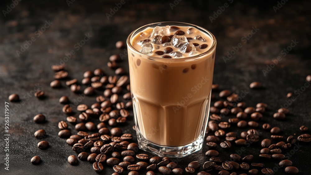 Cold coffee in a tall glass with a straw, coffee beans on the table, dark background highlighting the freshness. Ai generated Cold coffee in a tall glass with a straw, coffee beans on the table, dark background highlighting the freshness. Ai generated