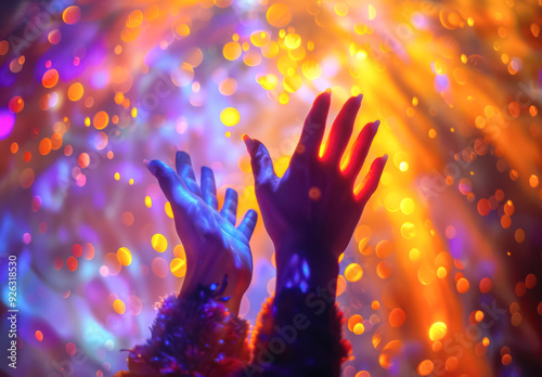 Reaching for the Stars in a Cosmic Light Show. A surreal image of hands illuminated by a burst of colorful light, suggesting reaching for dreams or goals. 