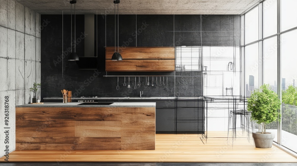 From idea to realization Stylish kitchen interior A collage combining photo and sketch elements From idea to realization Stylish kitchen interior A collage combining photo and sketch elements