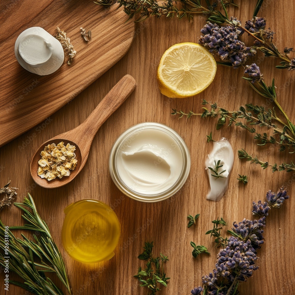 Fototapeta premium Nourishing Your Skin: Natural Body Lotion Flat Lay with Ingredients 1