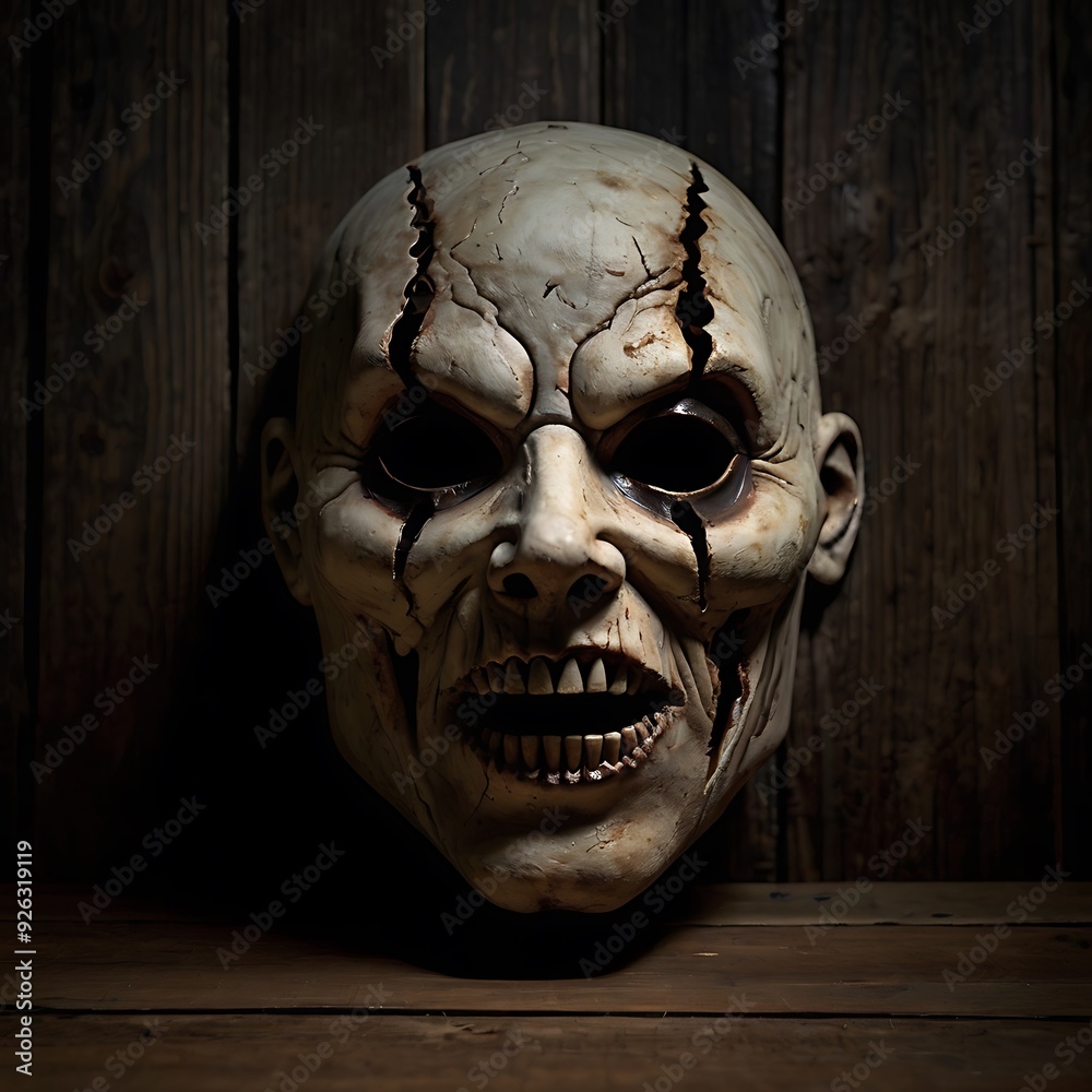 Naklejka premium Haunting Halloween Mask on Rustic Wooden Table