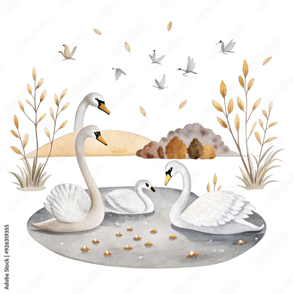 Pond with swans watercolor illustration for kids clothes and prints isolated clipart