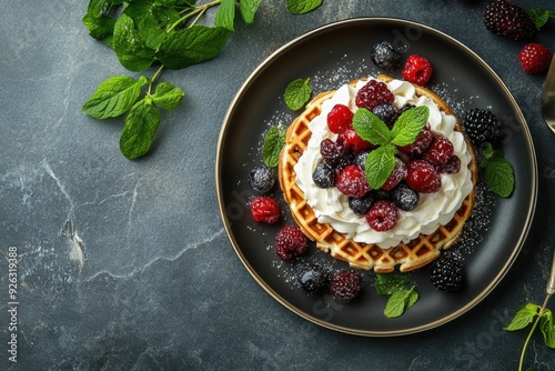 Fluffy waffle topped with fresh berries and whipped cream, placed on the right side of a dark stone table. Professional overhead shot highlighting the golden, delicious breakfast.