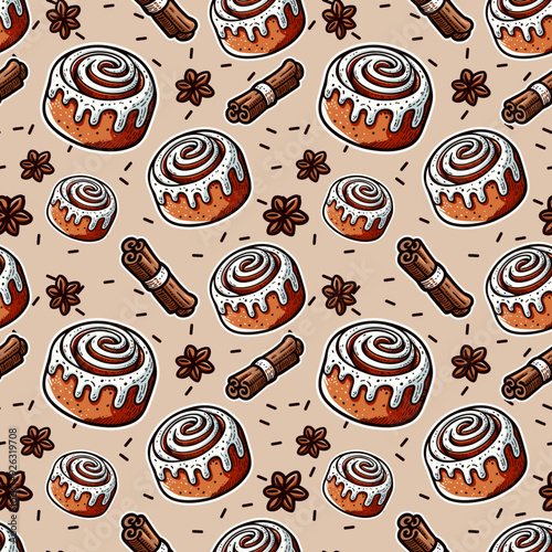 cinnamon roll and sticks seamless pattern