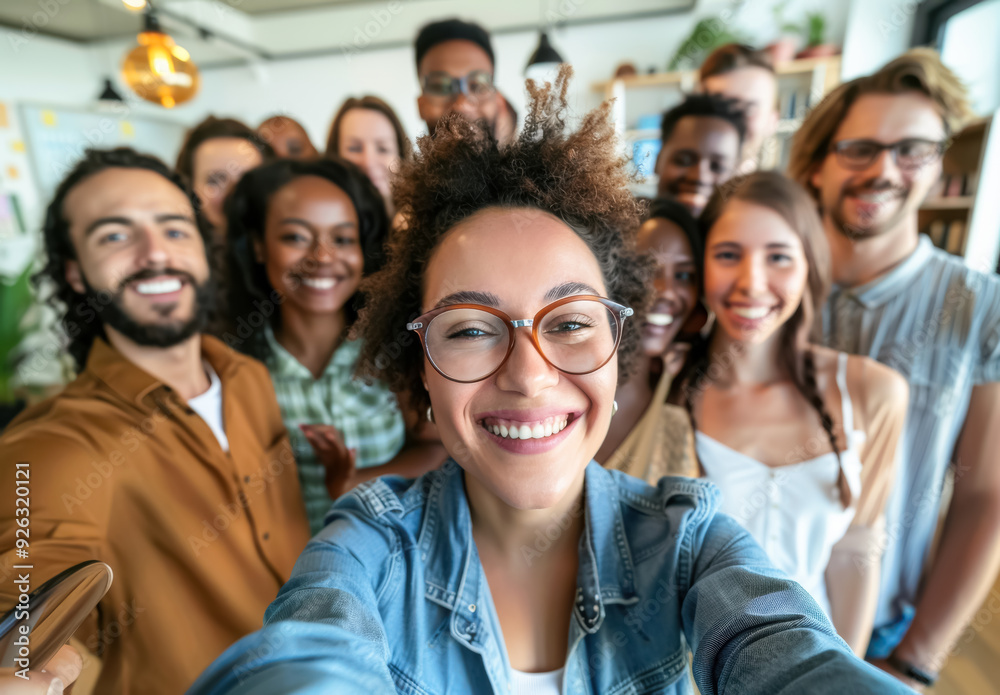 Cheerful Friends Posing for a Group Selfie in an Office Setting. A diverse group of young men and women, enjoying a fun moment captured in a bright and modern workspace.
Cheerful Friends Posing for a Group Selfie in an Office Setting. A diverse group of young men and women, enjoying a fun moment captured in a bright and modern workspace.
