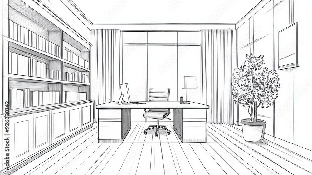 Graphic black and white sketch of an office room interior vector illustration Graphic black and white sketch of an office room interior vector illustration