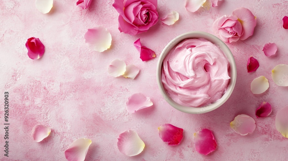 Elegant Facial Cream with Rose Extract and Petals in Minimalist Still Life Composition Elegant Facial Cream with Rose Extract and Petals in Minimalist Still Life Composition