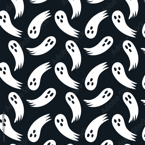 Halloween ghost seamless pattern on black background. Cute Halloween ghost.