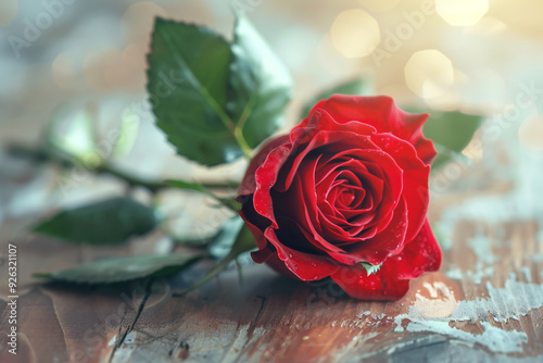 Red Rose on Rustic Wooden Surface - A Romantic Symbol of Love and Passion in Vintage Floral Photography Copyspace