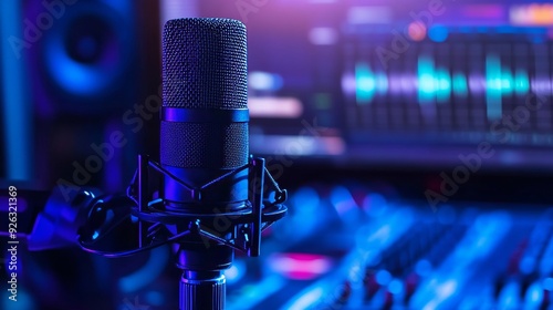 Symbolizing podcast production, a microphone is close-up with a sound engineer at the side.