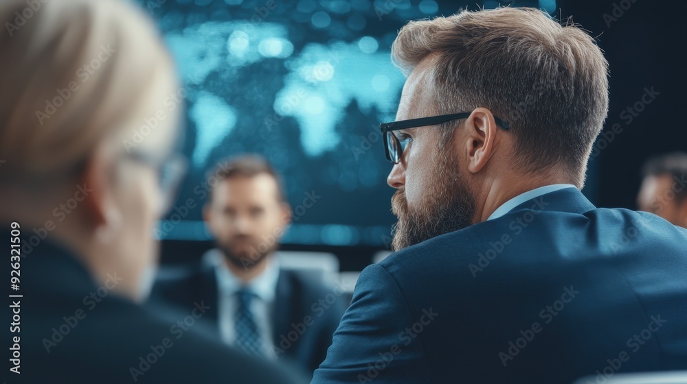 Global Leaders Collaborate on Sustainable Solutions in a High-Tech Conference Room Setting for a Brighter Future