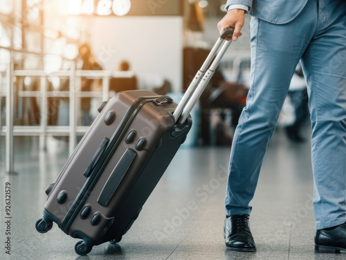 Closeup of businessman walking with a suitcase in the airport terminal.