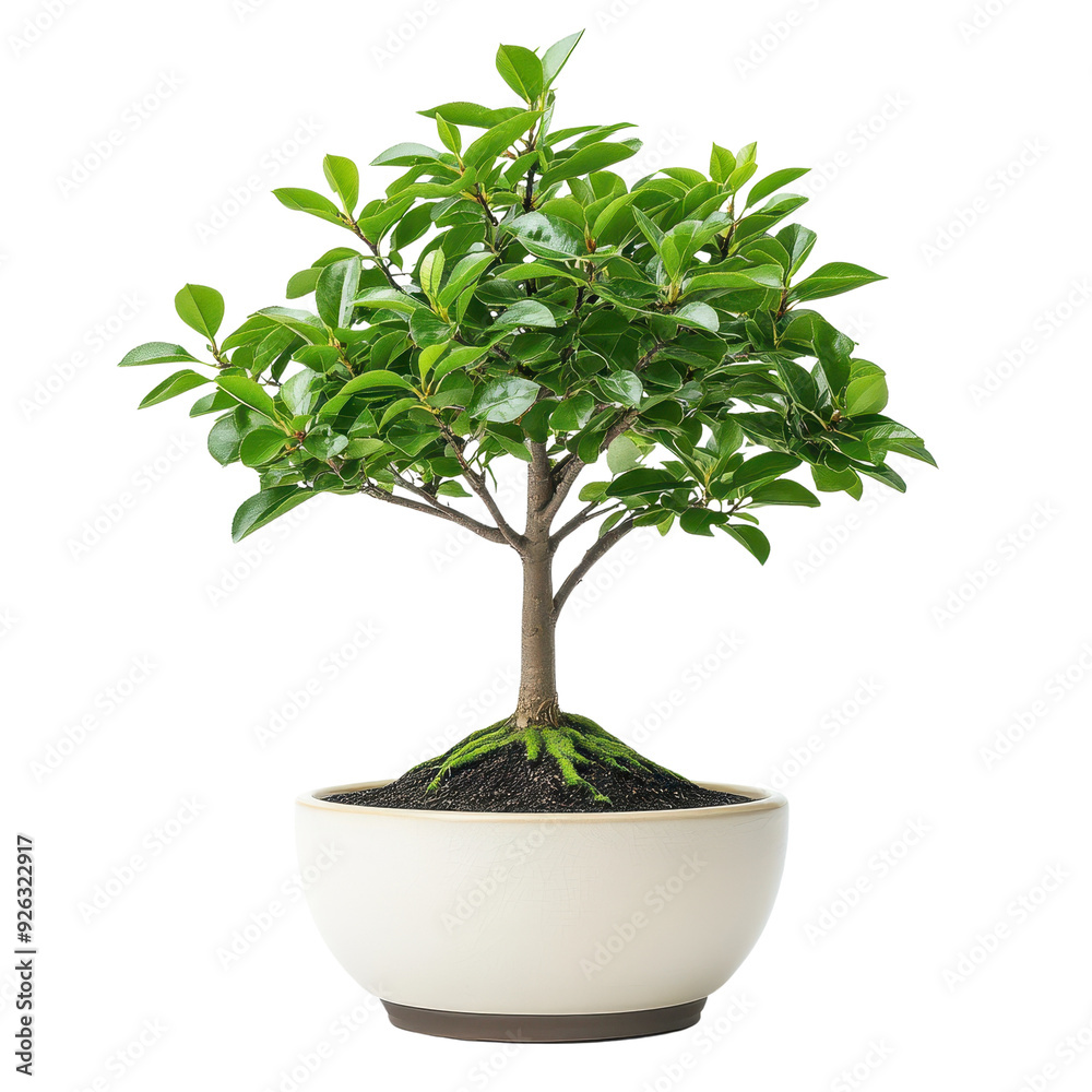 A vibrant green bonsai tree in a modern white pot, symbolizing tranquility and nature's beauty for interior decor. A vibrant green bonsai tree in a modern white pot, symbolizing tranquility and nature's beauty for interior decor.