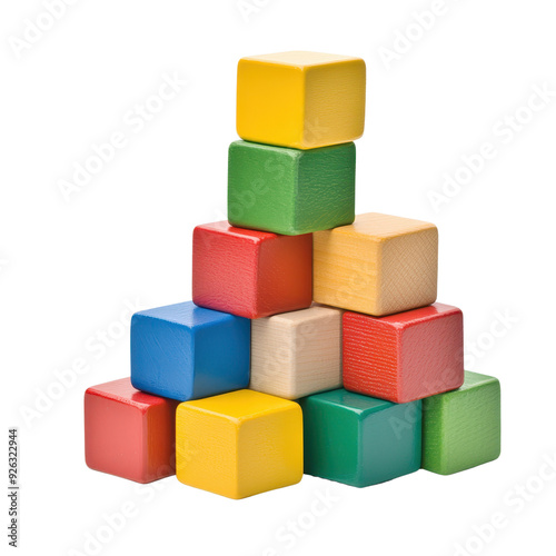 Colorful wooden blocks stacked creatively, perfect for children's playtime or educational themes & imaginative activities.