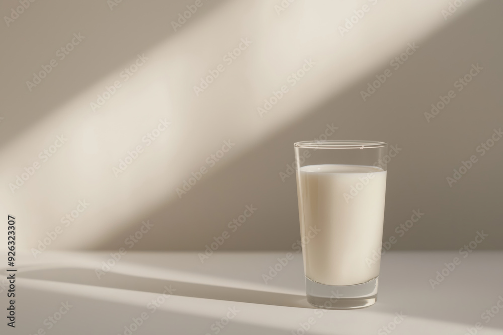 Glass of milk in natural sunlight on a plain surface, highlighting simplicity and health concepts. Glass of milk in natural sunlight on a plain surface, highlighting simplicity and health concepts.