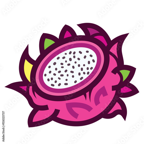 Sliced dragon fruit colorful icon illustration isolated on square white background. Simple flat outlined cartoon art styled drawing.