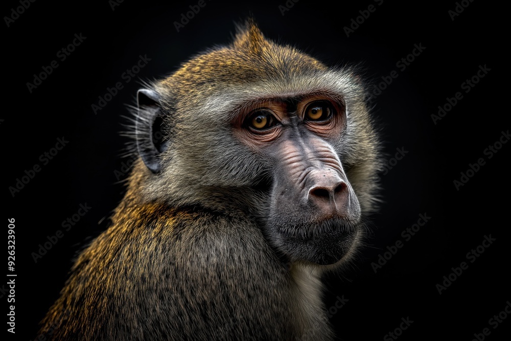 Photo of an baboon isolated against a black background, emphasising the baboon's majestic features. Wildlife and conservation concept, space for copy. Photo of an baboon isolated against a black background, emphasising the baboon's majestic features. Wildlife and conservation concept, space for copy.