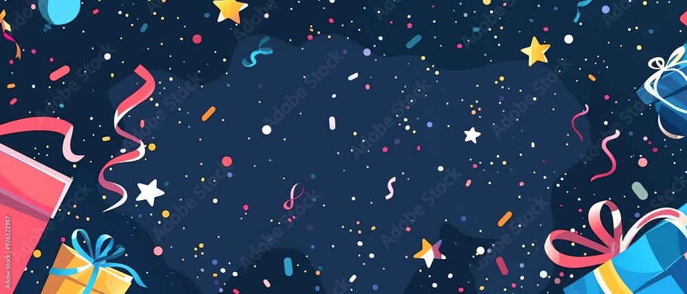 Festive celebration background with colorful gift boxes, confetti, and stars. Perfect for party invitations, greeting cards, and holiday designs. Festive celebration background with colorful gift boxes, confetti, and stars. Perfect for party invitations, greeting cards, and holiday designs.