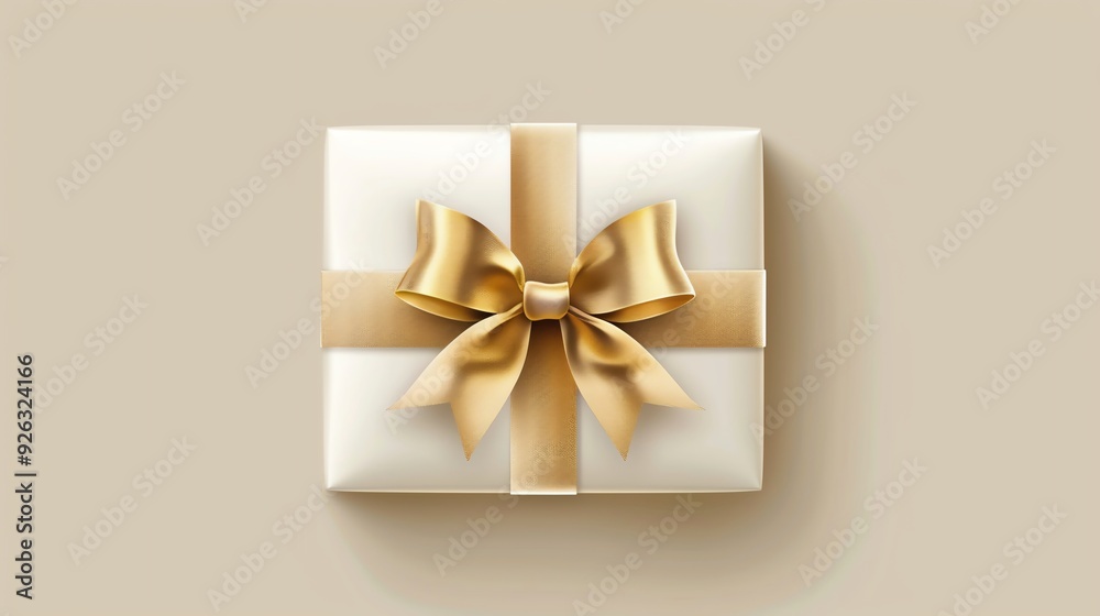 Elegant gift box with a shiny gold ribbon on a beige background. Perfect for holiday, birthday, or special occasion presentations. Elegant gift box with a shiny gold ribbon on a beige background. Perfect for holiday, birthday, or special occasion presentations.