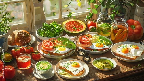 A breakfast spread featuring a variety of vitaminrich foods like avocado toast, eggs, and a fruit salad, arranged beautifully on a table, Inviting, Warm and vibrant tones, Digital Illustration photo